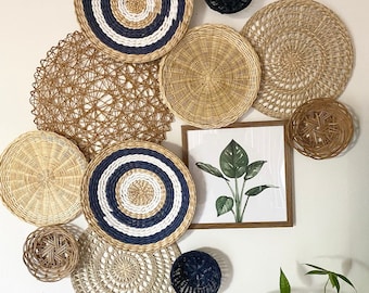 Navy blue basket wall set, woven wall baskets, boho wall decor, wicker wall decor, boho basket wall, farmhouse wall decor