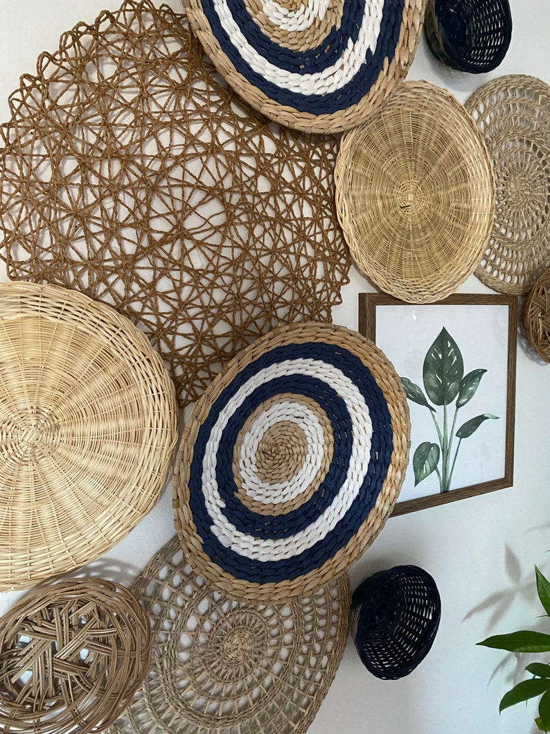 Navy Blue Basket Wall Set Woven Wall Baskets Boho Wall Etsy
