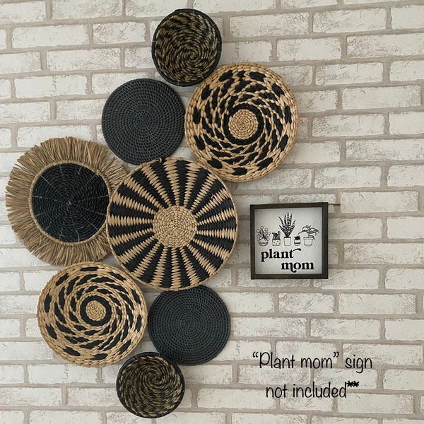 Black and grey wall basket set, boho wall decor, boho basket wall, woven wall baskets, hanging wall baskets, boho wall accents