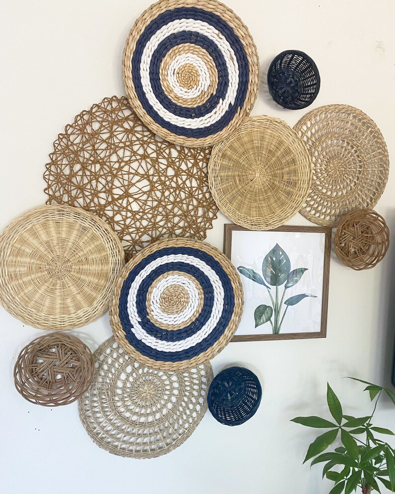 Navy Blue Basket Wall Set Woven Wall Baskets Boho Wall Etsy