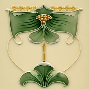 Può includere: Un design floreale decorativo nei toni del verde e dell'oro, su uno sfondo color crema. Il design presenta foglie stilizzate e un fiore centrale con accenti dorati, creando una composizione simmetrica ed elegante.