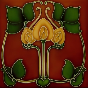 May include: A decorative tile with a stylized floral design. The tile features three yellow flowers with green leaves and stems on a red background.