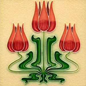 May include: A vintage tile with a stylized design of three red tulips with green leaves and stems on a cream background.