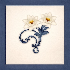 May include: A square decorative tile featuring a cream-coloured background with a subtle crackle texture. Centered is a graphic illustration of two white flowers with yellow centres, supported by dark blue, curved, ornate, leafy stems.