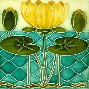 May include: A yellow water lily with green leaves and stems on a teal background with a geometric pattern.