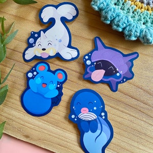Paquete de pegatinas de Pokémon de agua, calcomanías para computadora portátil de Pokémon de agua, pegatinas de Shellder Seel Azurill y Poliwag