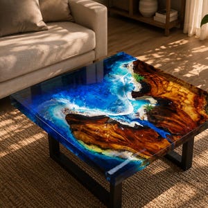 May include: Square coffee table with a resin top depicting an ocean and island scene. The table has a black metal frame and sits on a woven rug. The top features blue, white, brown, and green hues. The table measures approximately 90 cm x 90 cm.