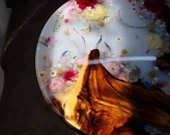 Round Resin Coffee Table Top – Preserved Floral Epoxy, Live Edge Wood Furniture