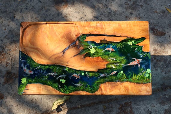 Hand Painted Koi Fish Live Edge Epoxy Resin Table | Custom Koi Pond Art Furniture