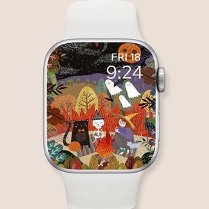 Papel de parede do Apple Watch de Halloween, fundo de relógio inteligente fofo de Halloween, mostrador do Apple Watch, papel de parede do Apple Watch, esqueleto de bruxa e gato preto