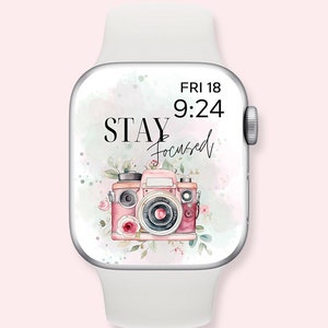 Watercolor Apple Watch Wallpaper, stay focus motivational smart watch background, Aesthetic Apple watch face,  watercolor camera and flower
