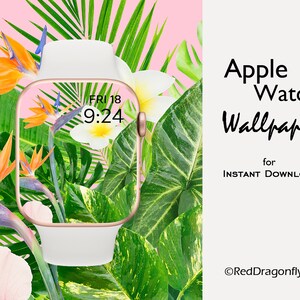 May include: An Apple Watch with a floral wallpaper design featuring orange, white, and green tropical flowers and leaves. The watch face displays the time and date. Text on the right says "Apple Watch Wallpapers for INSTANT DOWNLOAD".