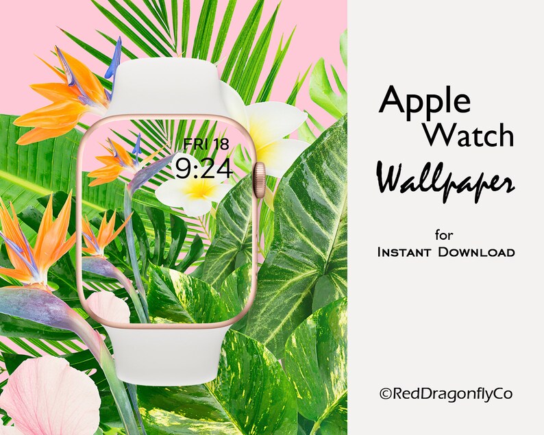 May include: An Apple Watch with a floral wallpaper design featuring orange, white, and green tropical flowers and leaves. The watch face displays the time and date. Text on the right says "Apple Watch Wallpapers for INSTANT DOWNLOAD".