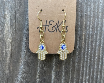 Pendientes colgantes de mano de Hamsa de oro