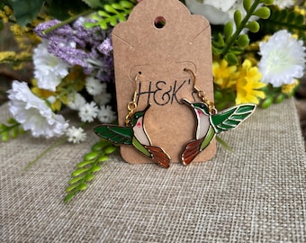Pendientes de colibrí de garganta de rubí de vidriera