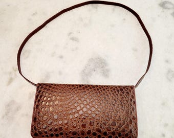 Portafoglio tascabile in pelle marrone con motivo coccodrillo vintage