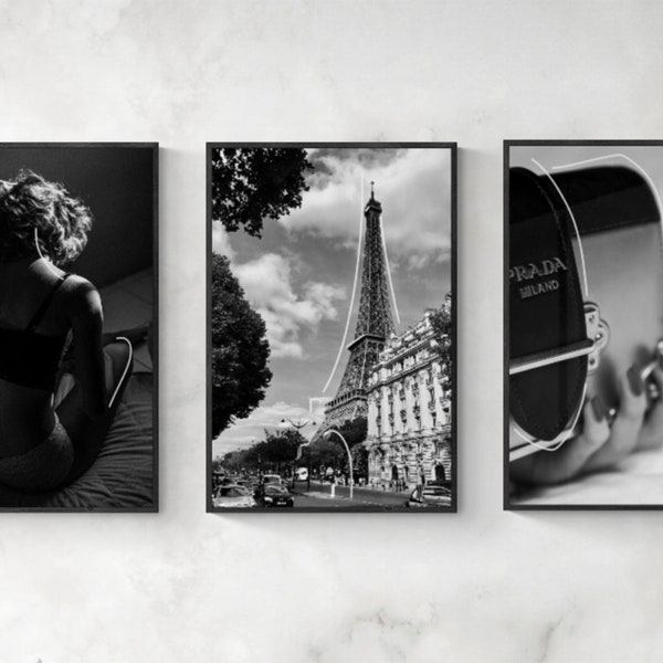 Set of 3 Parisian Fashion digital prints, studio artwork photography, black and white fashion studio art
