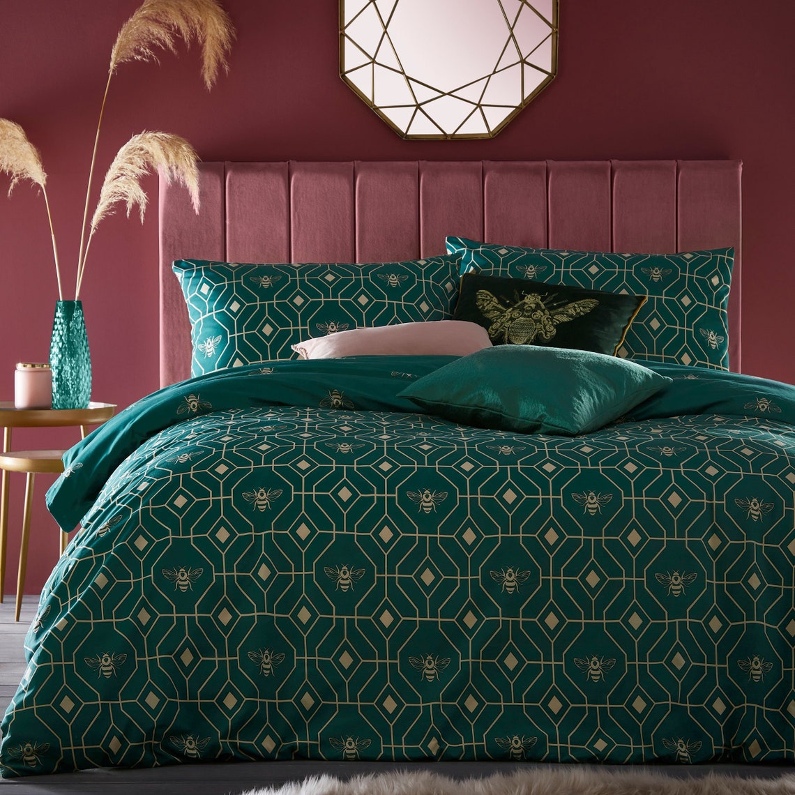 Bee Deco Geometric Duvet Cover Set Emerald Green King/double Etsy