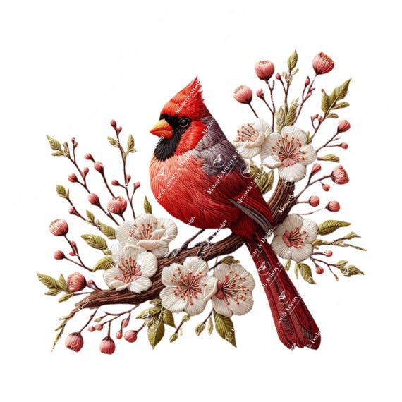 Cardinal Embroidery Aesthetic PNG, Red Cardinal Clipart, Christmas Ornament PNG, Sublimation, Sweatshirt Design, Cardinal Lover, Bird Lover