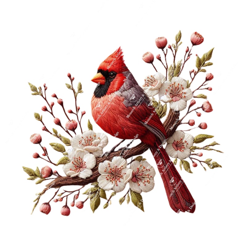 May include: A red cardinal bird perched on a branch with white blossoms. The bird has a black mask and a long tail. The flowers are delicate and have a light pink hue.