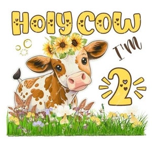Santo cielo ho 2 anni PNG, annuncio del 2° compleanno, design carino di una mucca, arazzo di compleanno PNG, invito con design carino per maglietta di compleanno per bambini