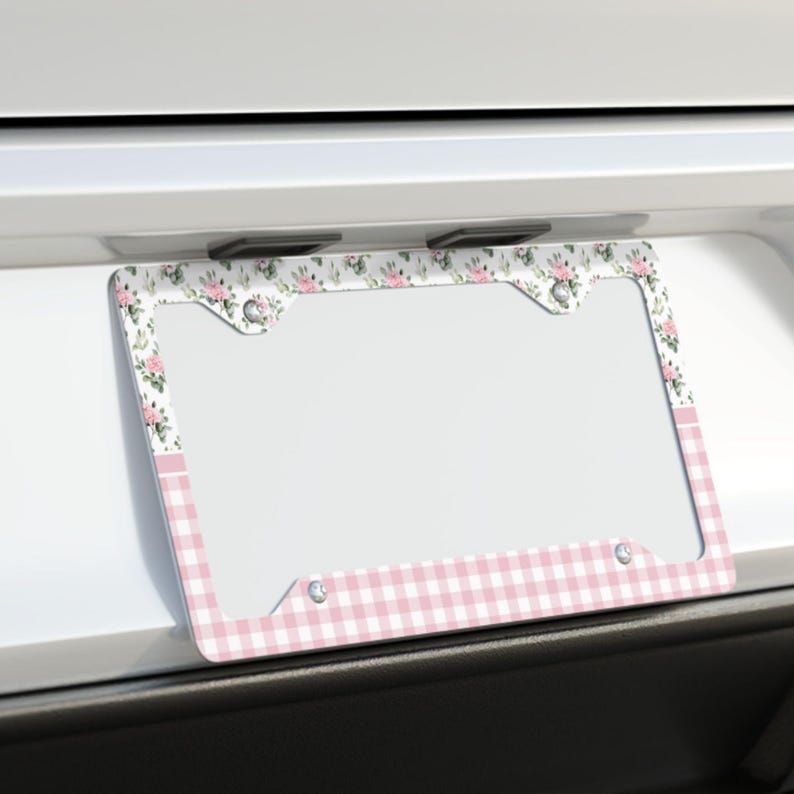 Pink License Frame Pink Gingham and Floral License Plate Frame for Women and Teens, Cute ...