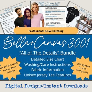 Ensemble de maquettes Bella Canvas 3001, instructions d'entretien, ensemble de maquettes BC 3001, maquette avec tableau des tailles BC 3001, guide de lavage BC 3001, instructions