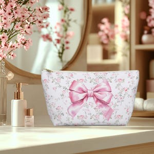 Pink Bow Makeup Bag, Coquette Bag, Girly Preppy Cosmetic Bag, Toiletry Bag, Accessory Pouch, Travel Bag, Pink Makeup Bag, Gift for Her