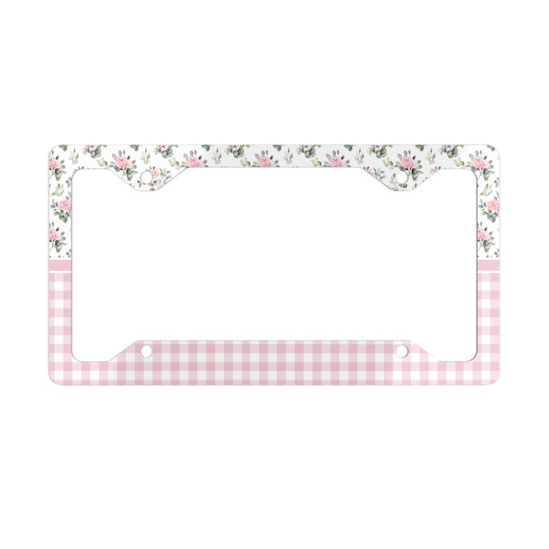 Pink License Frame Pink Gingham and Floral License Plate Frame for Women and Teens, Cute ...