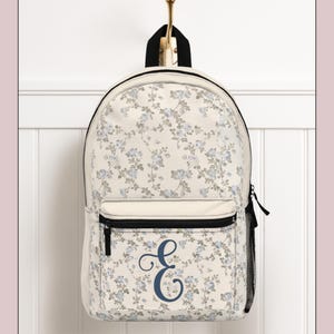 Vintage Blue Floral Backpack for Women Girls, Personalized Coquette Grandmillenial Backpack for School College Preppy Back to School Bookbag