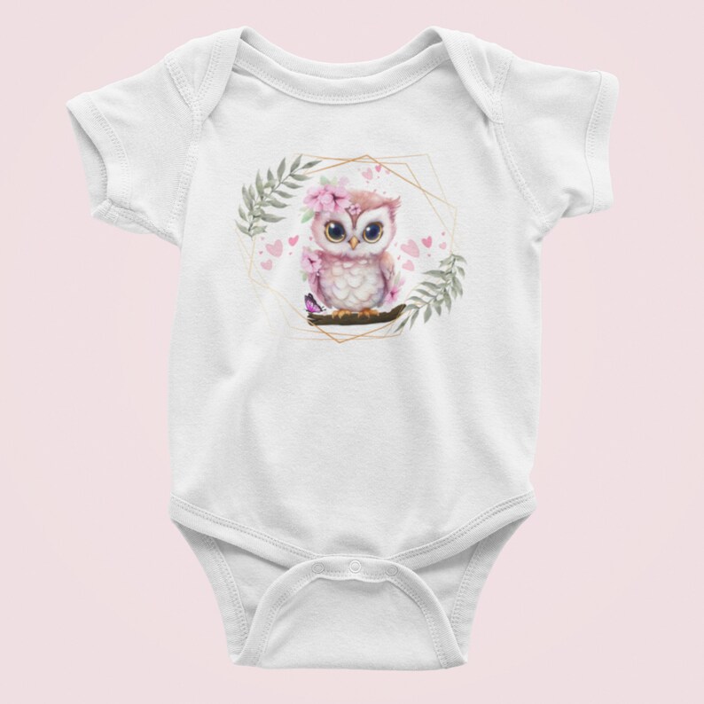 May include: White baby onesie with a pink owl wearing a flower crown and surrounded by pink hearts and greenery in a gold geometric frame.