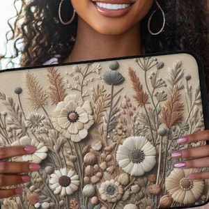 Boho Wildflower Faux Embroidery Laptop Sleeve, Cute Laptop Case, Laptop Bag fits Macbook iPad Sleeve iPad Bag 12" 13" 15", Gift for Her