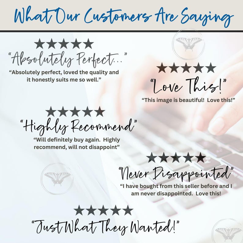 May include: Five-star reviews for a product with text that reads "Absolutely Perfect", "Highly Recommend", "Love This", "Never Disappointed", and "Just What They Wanted!"