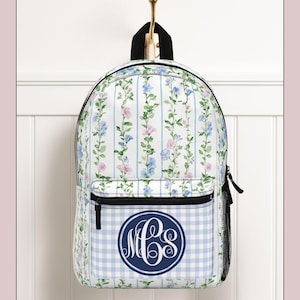 Granny Chic, Grandmillenial Backpack for Women Girls Monogram Coquette Blue Backpack, School or College, Girly Preppy Back to School Bookbag