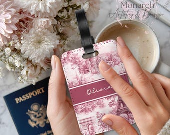 Personalized Luggage Tag Pink French Toile de Jouy Suitcase Tag Girly Bag Tag Girls Trip, Preppy Gift for Her Bridesmaid, Travel Accessories
