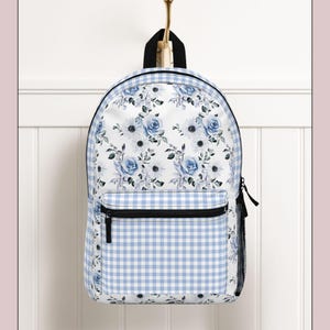 Blue Floral Backpack for Women and Girls, Coquette Grandmillenial Shabby Chic Backpack for College Cute Girly Preppy Back to School Bookbag