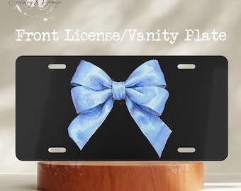 Baby Blue Coquette Bow Front License Plate for Women and Teens, Vanity Plate Car Tag, Custom Tag, Cute Car Accessories Girly, Black Bground