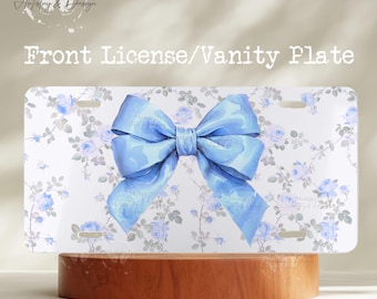 Baby Blue Coquette Bow Front License Plate for Women, Vintage Roses Vanity Plate, Girly Car Tag, Custom Tag, Cute Car Accessories, Blue Bow