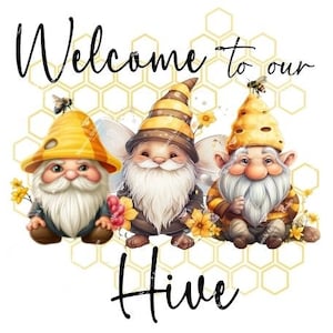 Gnome Bee Garden vlag PNG, welkom bij onze bijenkorf kabouters, kabouter clipart, vlag hommel, digitale download, sublimatie, housewarming cadeau