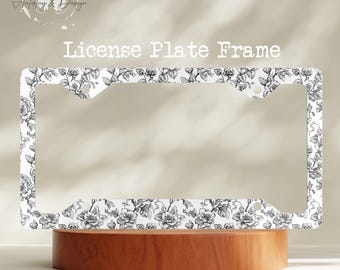 Black and White Floral License Plate Frame for Women and Teens: Coquette Car Accessories, Girly Preppy Car Decor