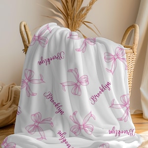 Baby Blanket, Pink Bows Coquette Throw Blanket, Personalized Girl Nursery Decor Gift for Her Baby Shower Gift Baby Girl Blanket Girly Preppy
