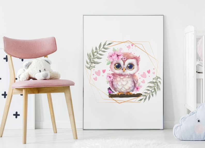 May include: A pink owl with large eyes and a flower crown sits on a branch with a butterfly. The owl is surrounded by pink hearts and green leaves within a gold geometric frame.