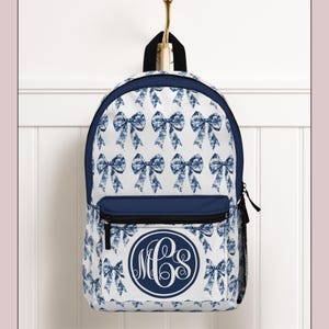 Blue Toile Bow Backpack for Women, Girls, Personalized Coquette Backpack, School College, Girly Preppy, Back to School Bookbag Toile de Jouy