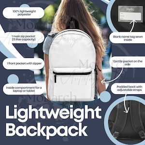 Rucksack-Mockup, Rucksack AOP Größentabelle, Rucksack Maße und Produktmerkmale, 3 jpgs enthalten, Merkmale, Print on Demand, POD Mockup
