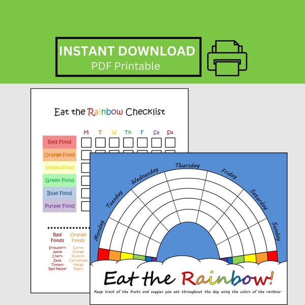 Eat the Rainbow, Kids Track Fruit & Vegetables, Kids Nutrition Activity, Good Food Choice Healthy Living, Digital Printable Downloads