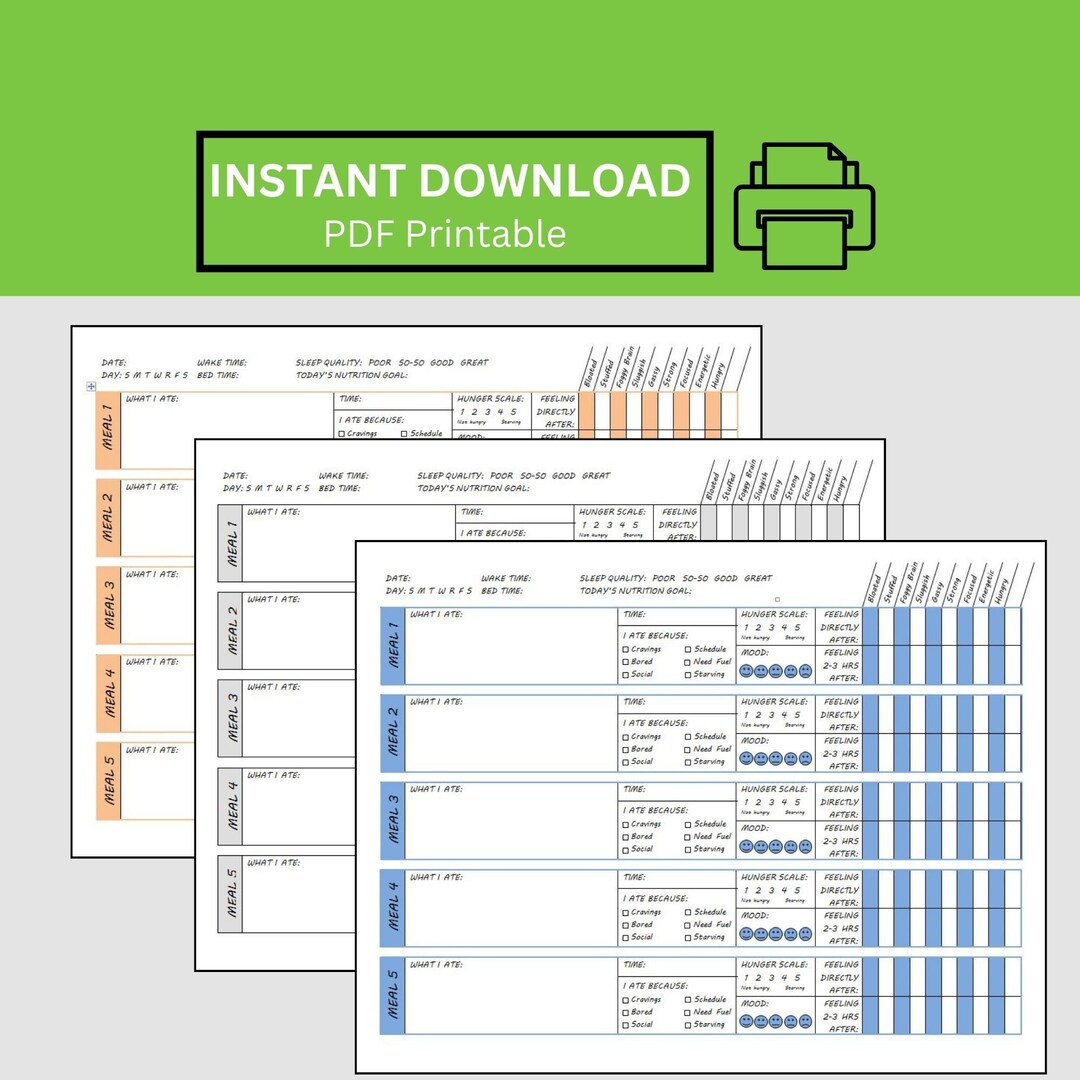 Mindful Eating Journal Printable PDF, Meal Tracker, Health and Wellness ...