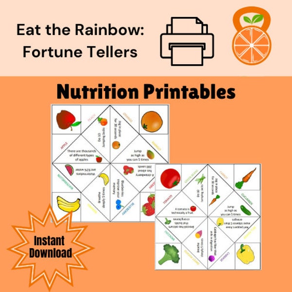Eat the Rainbow Fortune Tellers Printable, Activity for Kids, Nutrition for Kids, Healthy Kids, Nutrition Printable