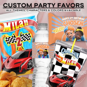 May include: A set of party favors featuring a red race car and the name "Milan" on a bag of chips, a juice box, and a water bottle. The water bottle has a label with the text "Happy 2nd Birthday Chosen" and a cartoon image of two children. The juice box has a label with the text "Capri Sun All Natural" and the name "Milan" in a checkered pattern.