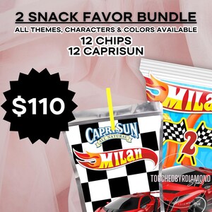 May include: A party favor bundle with 12 Capri Sun juice boxes and 12 bags of chips. The Capri Sun boxes are decorated with a Hot Wheels theme and the text "Capri Sun All Natural Milan". The chip bags are decorated with a Hot Wheels theme and the text "Milan". The price is $110.