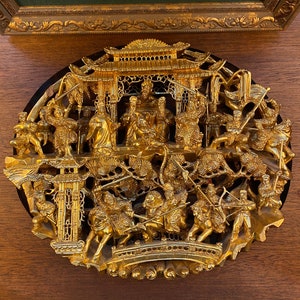Chinese Gold Gilt Wood Panel with Warriors on Horses – Antique Hand-Carved Artwork – Traditional Chinese Wood Carving Home Decor